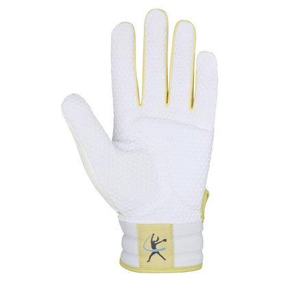 The Mizuno Finch Women's Batting Glove 330464 features a white textured design with light yellow trim and an archer logo on the wrist, shown palm up against a plain background.