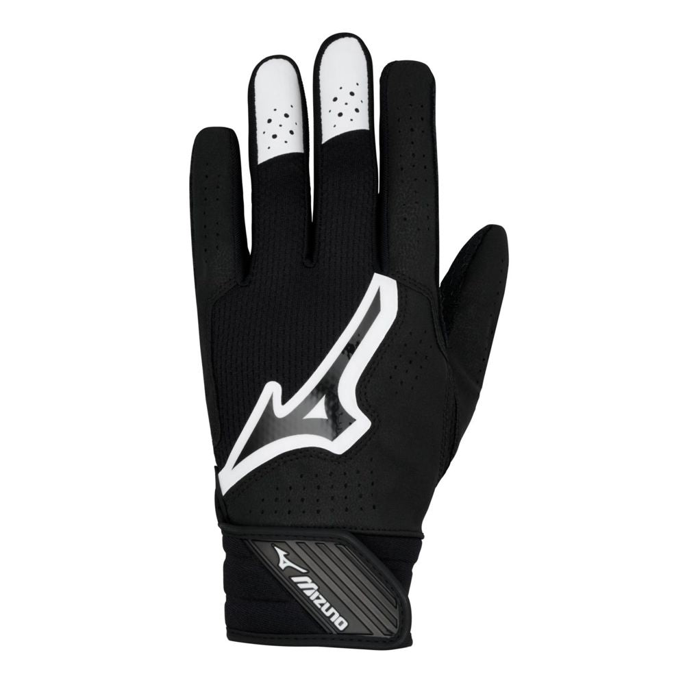 A black Mizuno Finch Women’s Batting Glove (330464) features a white logo, white and perforated tips on the middle and index fingers, and an adjustable wrist strap. The glove is shown palm-down.