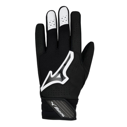 A black Mizuno Finch Women’s Batting Glove (330464) features a white logo, white and perforated tips on the middle and index fingers, and an adjustable wrist strap. The glove is shown palm-down.