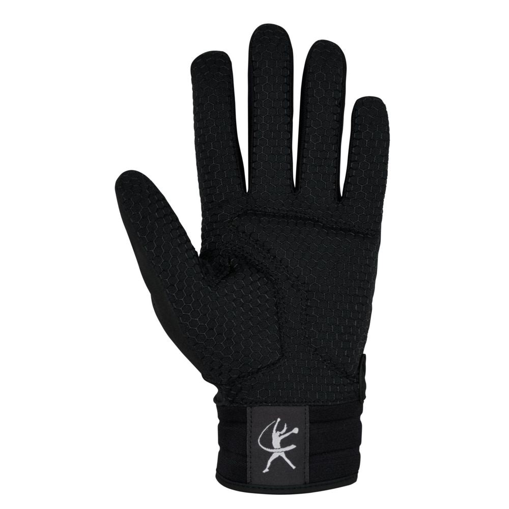A palm-up view of the Mizuno Finch Women's Batting Gloves: 330464, featuring a black textured design with a hexagonal grip and an adjustable wrist strap displaying a white stylized deer logo, inspired by Jennie Finch.