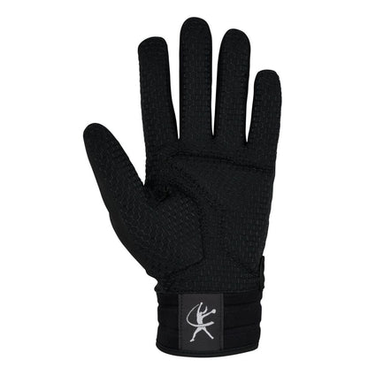 A palm-up view of the Mizuno Finch Women's Batting Gloves: 330464, featuring a black textured design with a hexagonal grip and an adjustable wrist strap displaying a white stylized deer logo, inspired by Jennie Finch.
