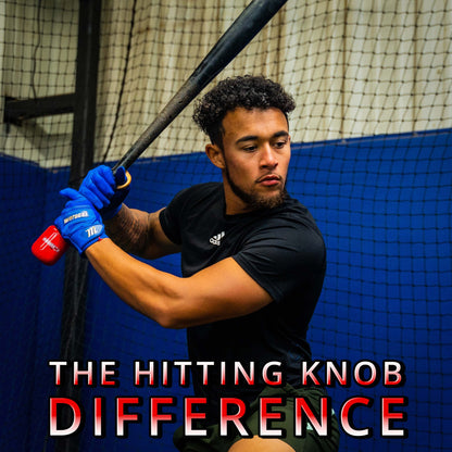 A man holding a baseball bat fitted with The Hitting Knob Bat Weight by Hitting Knob, a popular hitting aid designed to improve bat speed.