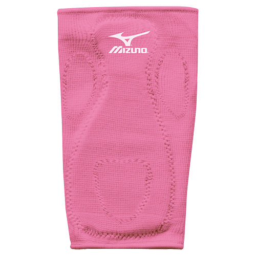 The Mizuno MZO Sliding Kneepad (370108) is a pink kneepad with a white Mizuno logo, featuring stitched padding and contours for excellent knee protection and support.