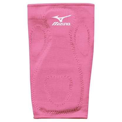 The Mizuno MZO Sliding Kneepad (370108) is a pink kneepad with a white Mizuno logo, featuring stitched padding and contours for excellent knee protection and support.
