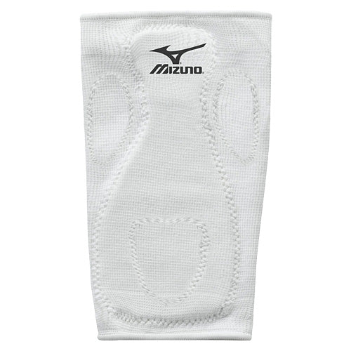 The Mizuno MZO Sliding Kneepad (370108) features white stretch fabric with visible stitching and padding for support and knee protection. The black Mizuno logo appears at the top center, ensuring athletic comfort during intense activity.