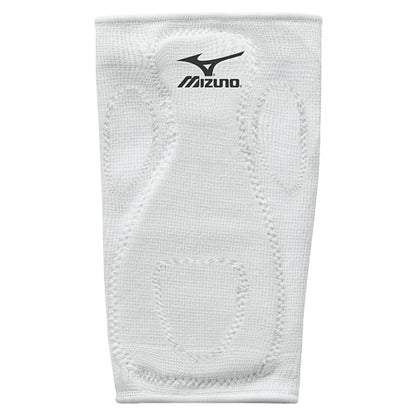 The Mizuno MZO Sliding Kneepad (370108) features white stretch fabric with visible stitching and padding for support and knee protection. The black Mizuno logo appears at the top center, ensuring athletic comfort during intense activity.