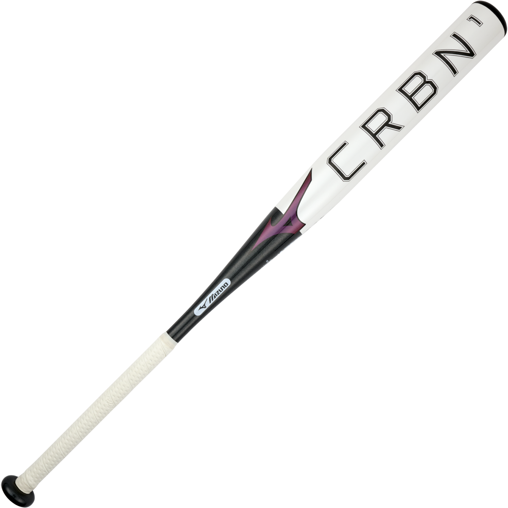 The 2024 Mizuno F24 CRBN1 (-10) Fastpitch Softball Bat (340659) by Mizuno features a white and black design, large CRBN barrel lettering, textured white grip, subtle purple accents, a massive sweet spot, and modern style.