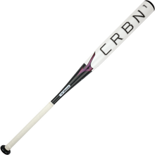 The 2024 Mizuno F24 CRBN1 (-10) Fastpitch Softball Bat (340659) by Mizuno features a white and black design, large CRBN barrel lettering, textured white grip, subtle purple accents, a massive sweet spot, and modern style.