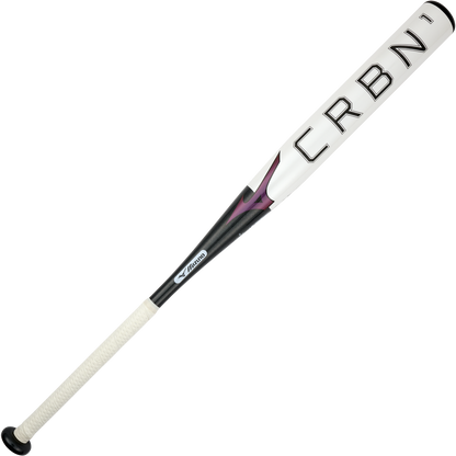 The 2024 Mizuno F24 CRBN1 (-10) Fastpitch Softball Bat (340659) by Mizuno features a white and black design, large CRBN barrel lettering, textured white grip, subtle purple accents, a massive sweet spot, and modern style.