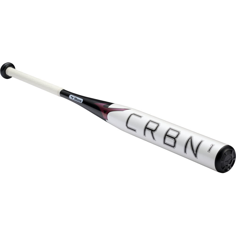 The 2024 Mizuno F24 CRBN1 (-10) Fastpitch Softball Bat (340659) by Mizuno features a white and silver barrel with bold CRBN1 lettering, black end cap, wrapped grip handle, and anti-shock construction for comfort.