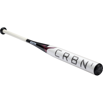 The 2024 Mizuno F24 CRBN1 (-10) Fastpitch Softball Bat (340659) by Mizuno features a white and silver barrel with bold CRBN1 lettering, black end cap, wrapped grip handle, and anti-shock construction for comfort.