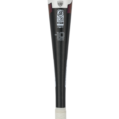 Close-up of the 2024 Mizuno F24 CRBN1 (-10) Fastpitch Softball Bat, featuring a black barrel with a white grip, 1.20 BPF, -10, 33 | 23 specs, and the USA Baseball logo in white near the barrel for a massive sweet spot and powerful hits.