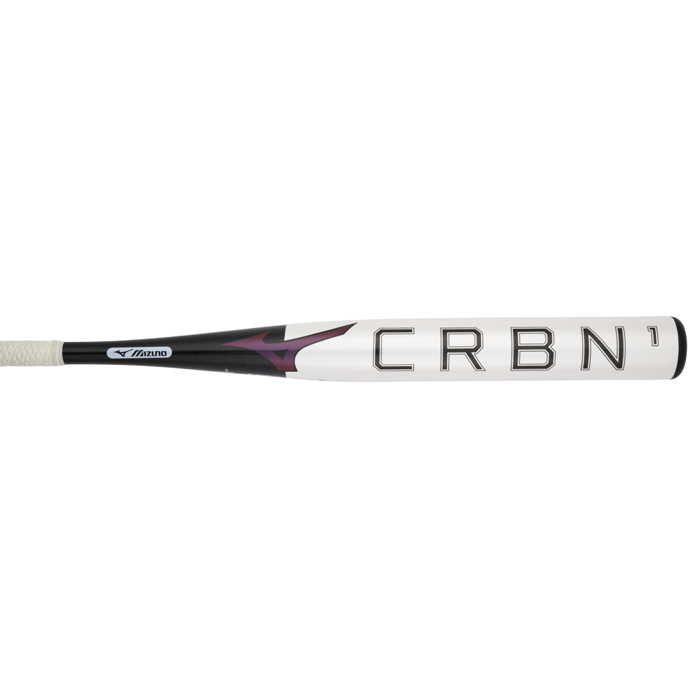 The 2024 Mizuno F24 CRBN1 (-10) Fastpitch Softball Bat (340659) features "CRBN1" in bold black letters, white grip tape, black and purple accents, and a massive sweet spot for powerful performance.