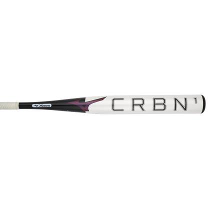 The 2024 Mizuno F24 CRBN1 (-10) Fastpitch Softball Bat (340659) features "CRBN1" in bold black letters, white grip tape, black and purple accents, and a massive sweet spot for powerful performance.