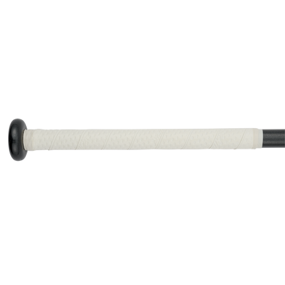 Close-up of the Mizuno 2024 F24 CRBN1 (-10) Fastpitch Softball Bat (340659) handle, featuring a black knob and white grip tape with anti-shock construction, shown against a plain white background.