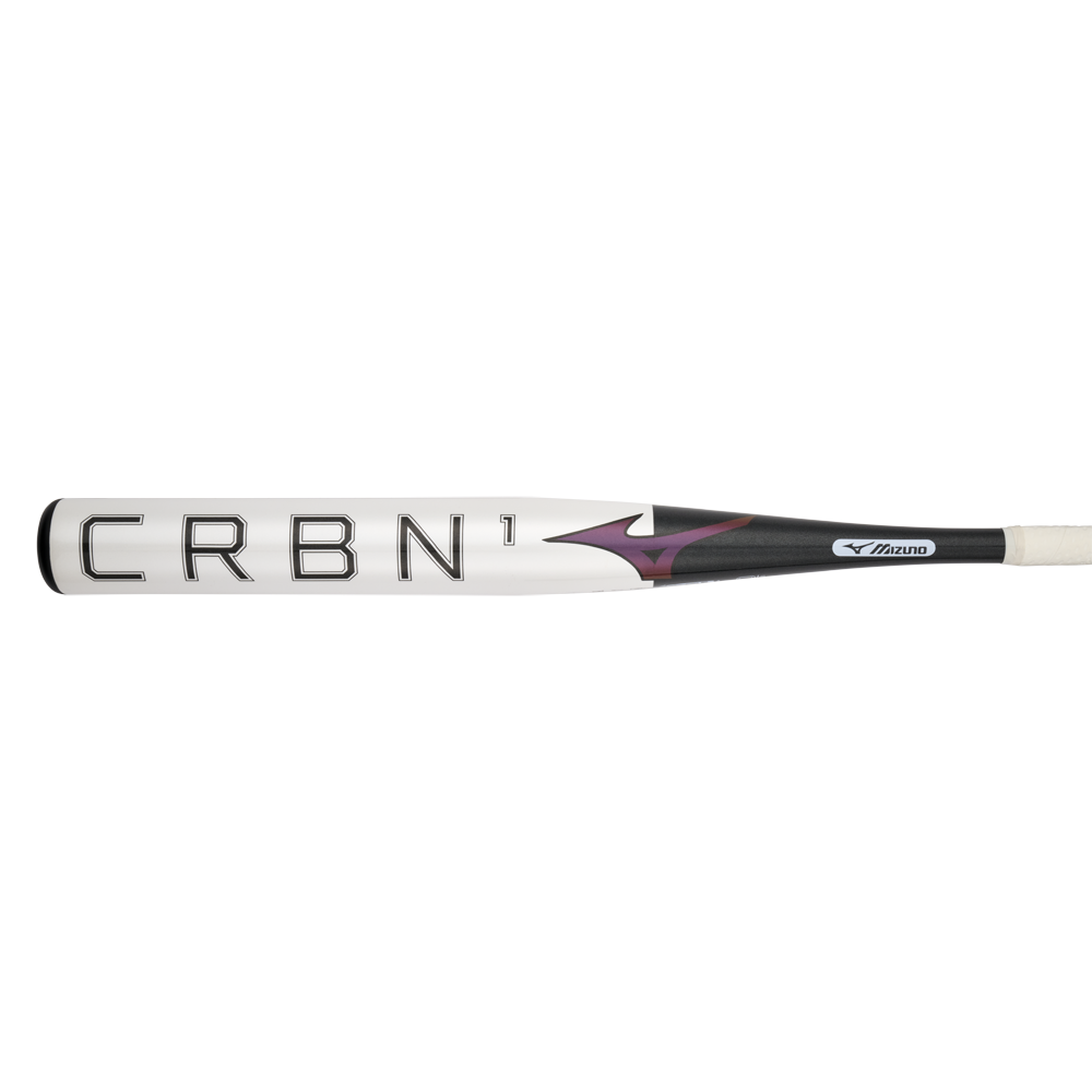 The 2024 Mizuno F24 CRBN1 (-10) Fastpitch Softball Bat (340659) features a white barrel with bold black "CRBN1" lettering, a black grip handle, and a large sweet spot for powerful hits.