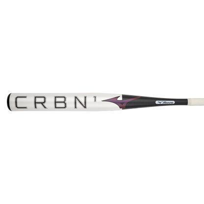The 2024 Mizuno F24 CRBN1 (-10) Fastpitch Softball Bat (340659) features a white barrel with bold black "CRBN1" lettering, a black grip handle, and a large sweet spot for powerful hits.
