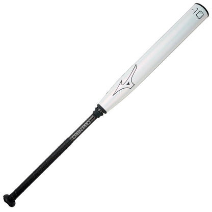 The 2025 Mizuno CRBN Pro (-10) Fastpitch Softball Bat (340665) features a sleek white design, black grip, Mizuno CRBN PRO logo on the barrel, and "-10" on the end cap.