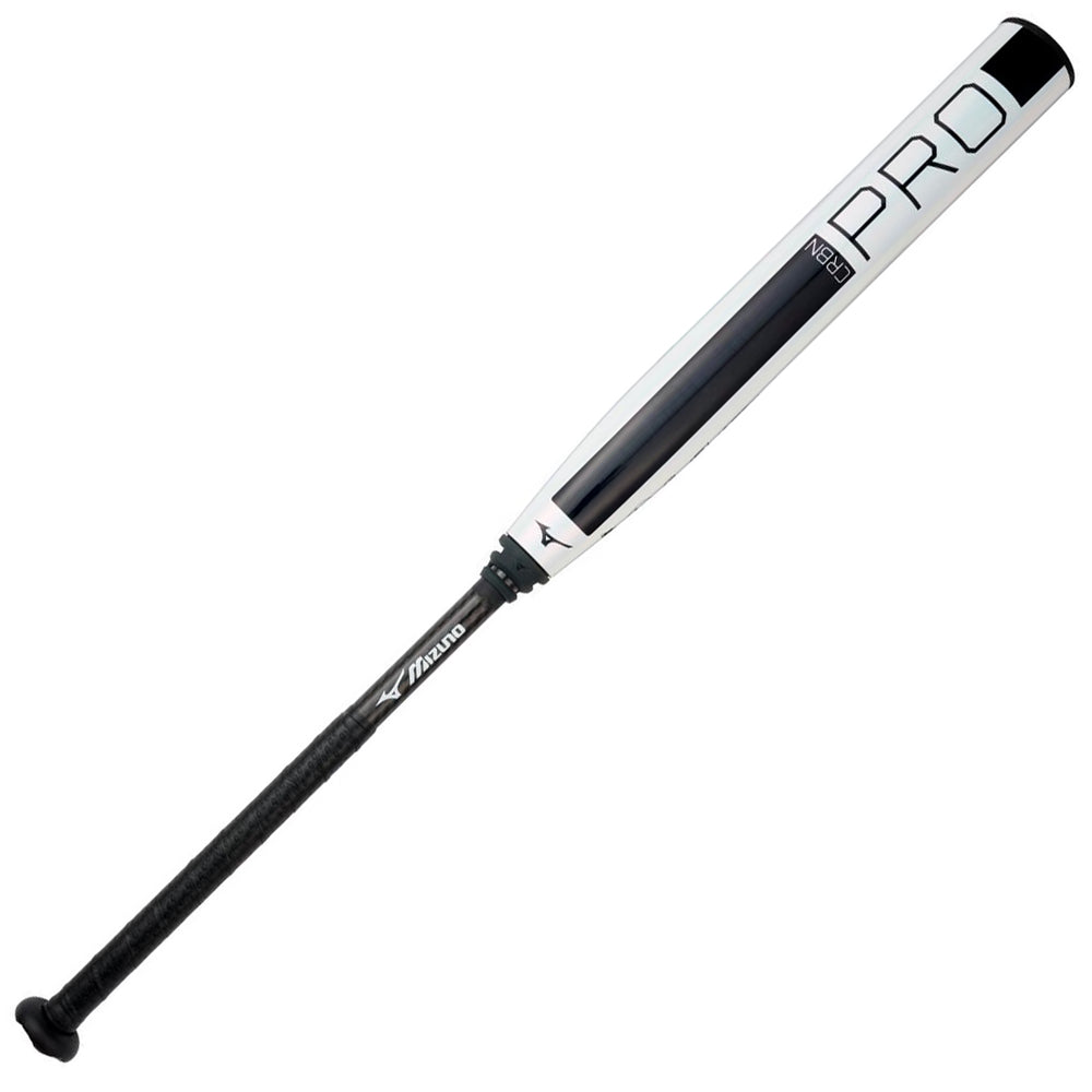 The 2025 Mizuno CRBN Pro (-10) Fastpitch Softball Bat (340665) features a white and black design, PRO and Mizuno branding, a black grip handle, and advanced Double Wall Detonator COR technology for top performance.