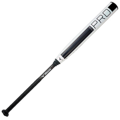 The 2025 Mizuno CRBN Pro (-10) Fastpitch Softball Bat (340665) features a white and black design, PRO and Mizuno branding, a black grip handle, and advanced Double Wall Detonator COR technology for top performance.