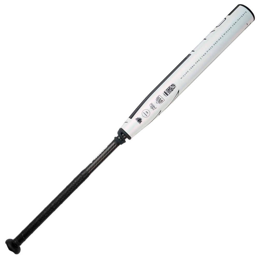 The 2025 Mizuno CRBN Pro (-10) Fastpitch Softball Bat (340665) features a white and black design with a textured black grip handle, displayed against a plain white background.