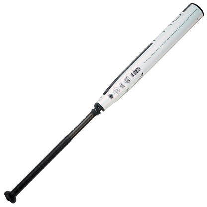 The 2025 Mizuno CRBN Pro (-10) Fastpitch Softball Bat (340665) features a white and black design with a textured black grip handle, displayed against a plain white background.