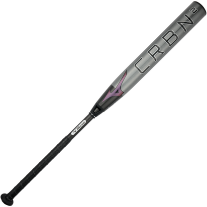 The 2024 Mizuno F24 CRBN2 (-10) Fastpitch Softball Bat (340669) features a silver and black design with a black grip and purple logo, shown against a white background.