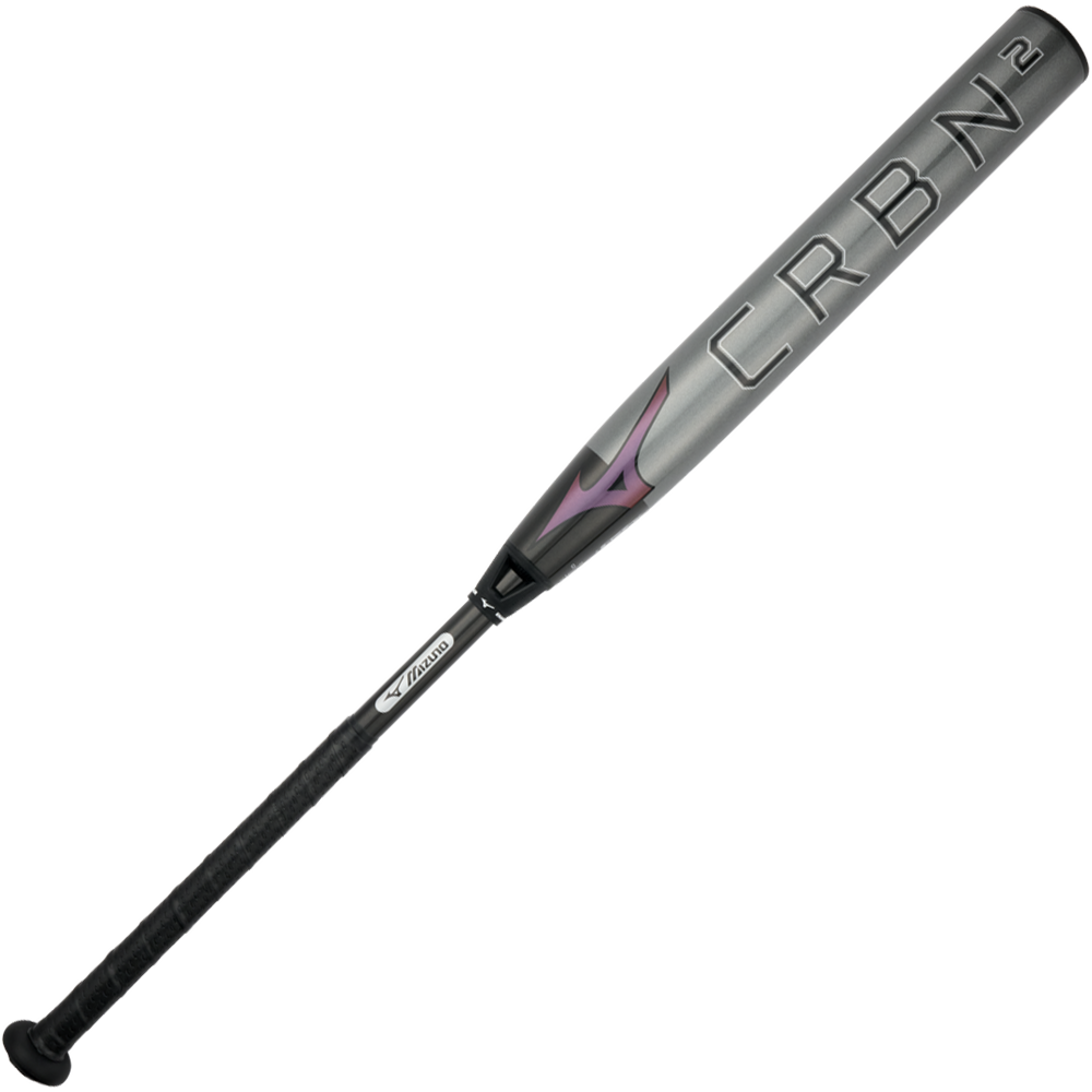 2024 Mizuno F24 CRBN2 (-10) Fastpitch Softball Bat: 340669 (DEMO) with a grey barrel featuring the text CRBN2 and a purple logo, transitioning to a black handle.