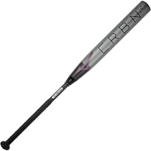 2024 Mizuno F24 CRBN2 (-10) Fastpitch Softball Bat: 340669 (DEMO) with a grey barrel featuring the text CRBN2 and a purple logo, transitioning to a black handle.