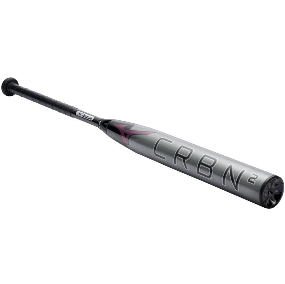 A dark gray 2024 Mizuno F24 CRBN2 (-10) Fastpitch Softball Bat: 340669 (DEMO) with a pink logo and CRBN2 printed on the barrel.