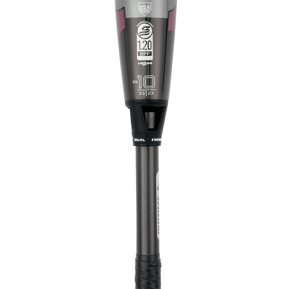 A close-up of the handle and lower barrel of the 2024 Mizuno F24 CRBN2 (-10) Fastpitch Softball Bat 340669 displays its -10 drop, 1.20 BPF certification, grip texture, DUAL and FLEX labels on a sleek gray-and-black Mizuno 2-piece design.