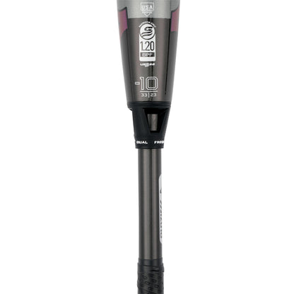 A close-up of the handle and lower barrel of the 2024 Mizuno F24 CRBN2 (-10) Fastpitch Softball Bat 340669 displays its -10 drop, 1.20 BPF certification, grip texture, DUAL and FLEX labels on a sleek gray-and-black Mizuno 2-piece design.