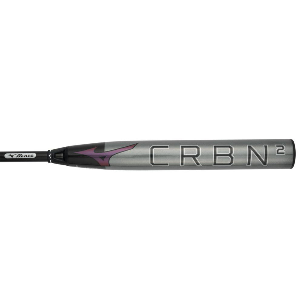 The 2024 Mizuno F24 CRBN2 (-10) Fastpitch Softball Bat (340669) features a metallic gray finish, bold CRBN² logo on the barrel, and a 2-piece design for exceptional performance.