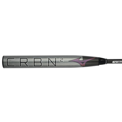 Close-up of the 2024 Mizuno F24 CRBN2 (-10) Fastpitch Softball Bat (340669), showcasing a metallic silver finish and purple Mizuno logo near the handle on this sleek two-piece design.