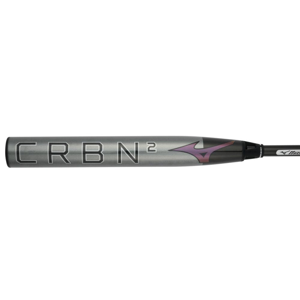 2024 Mizuno F24 CRBN2 (-10) Fastpitch Softball Bat: 340669 (DEMO) with a dark grey barrel featuring the text CRBN2 and a pink and purple chevron graphic.