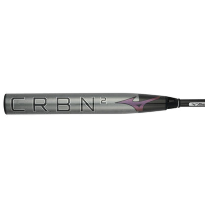 2024 Mizuno F24 CRBN2 (-10) Fastpitch Softball Bat: 340669 (DEMO) with a dark grey barrel featuring the text CRBN2 and a pink and purple chevron graphic.