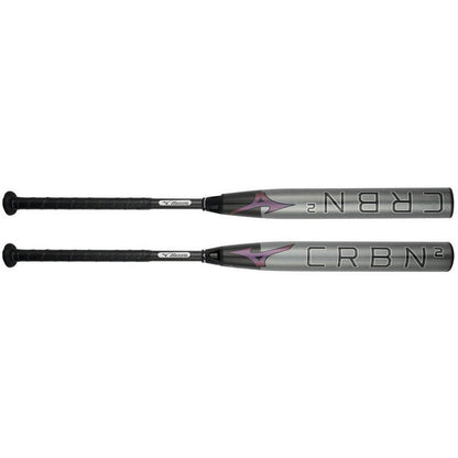 Two 2024 Mizuno F24 CRBN2 (-10) fastpitch softball bats (model 340669) with black handles appear side by side, the Mizuno brand and model name boldly displayed on the gray barrels. These 2-piece bats deliver top style and performance.