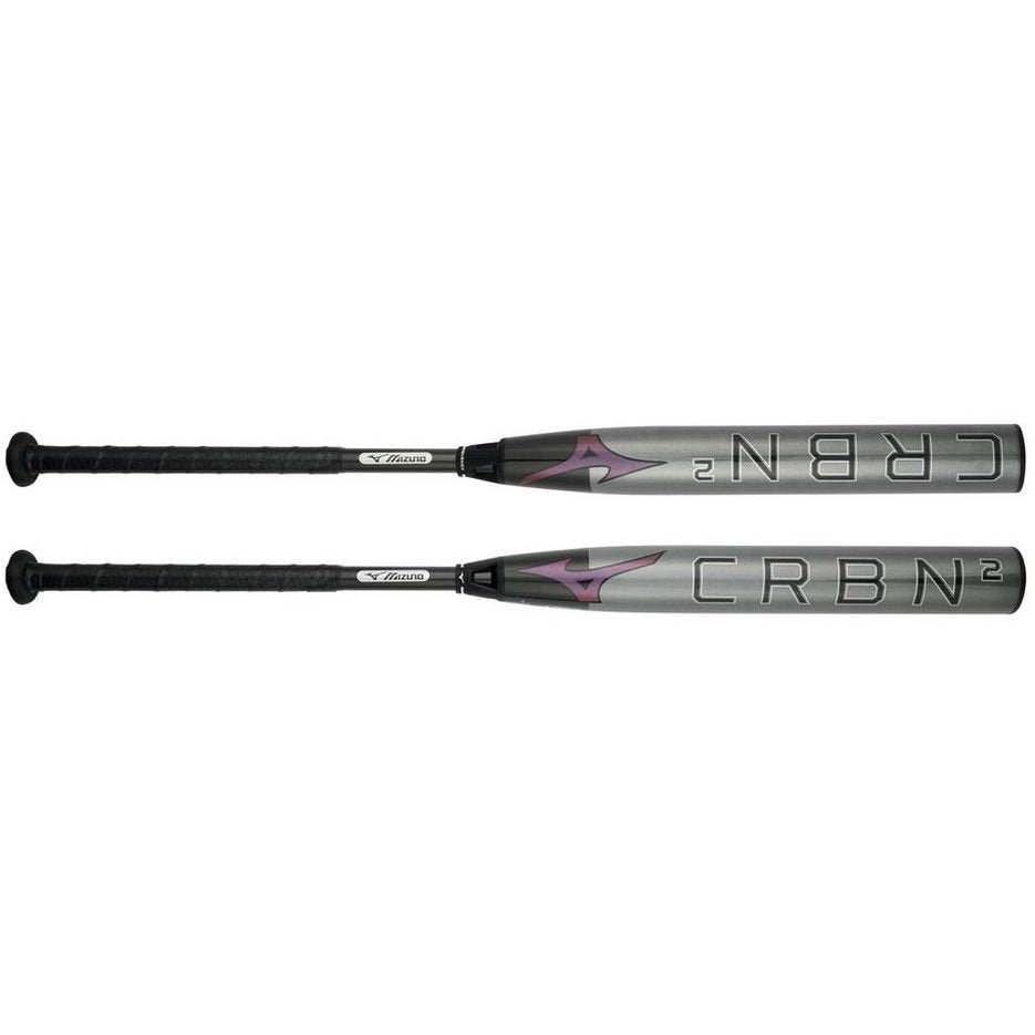Two views of a grey and black 2024 Mizuno F24 CRBN2 (-10) Fastpitch Softball Bat: 340669 (DEMO) with a black handle and the text CRBN2 on the barrel.
