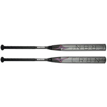 Two views of a grey and black 2024 Mizuno F24 CRBN2 (-10) Fastpitch Softball Bat: 340669 (DEMO) with a black handle and the text CRBN2 on the barrel.