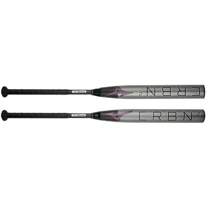 Two views of a grey and black 2024 Mizuno F24 CRBN2 (-10) Fastpitch Softball Bat: 340669 (DEMO) with a black handle and the text CRBN2 on the barrel.