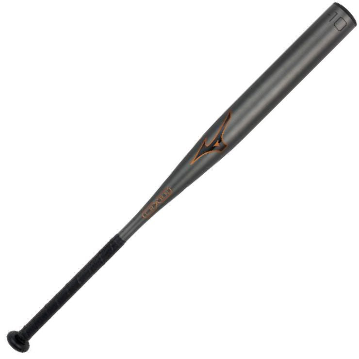 The 2026 Mizuno CRBN X (-10) Fastpitch Softball Bat (340690) features a metallic gray finish, a black handle grip, and an orange and black stylized logo near the barrel.