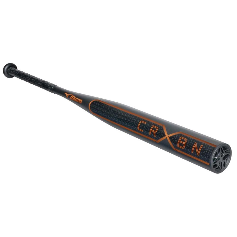 The 2026 Mizuno CRBN X (-10) Fastpitch Softball Bat (340690) features a black and orange design, "CRBN" on the barrel, Detonator Cor technology, and a textured grip for enhanced performance.
