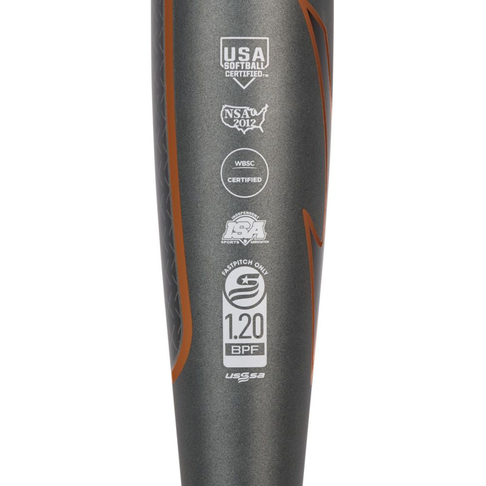 Close-up of the Mizuno CRBN X (-10) Fastpitch Softball Bat (340690) by Mizuno, showing USA Softball, NSA 2012, WBSC, ISA, USSSA, and 1.20 BPF certification logos on a dark metallic bat with orange accents.