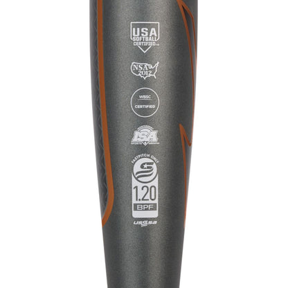 Close-up of the Mizuno CRBN X (-10) Fastpitch Softball Bat (340690) by Mizuno, showing USA Softball, NSA 2012, WBSC, ISA, USSSA, and 1.20 BPF certification logos on a dark metallic bat with orange accents.
