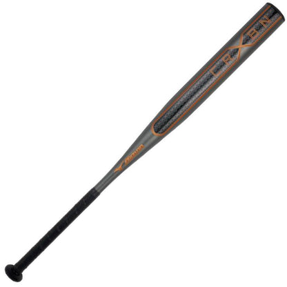 The 2026 Mizuno CRBN X (-10) Fastpitch Softball Bat (340690) features a black and gray design with orange CRBN lettering on the barrel, orange accents, and a gripped handle for better control.