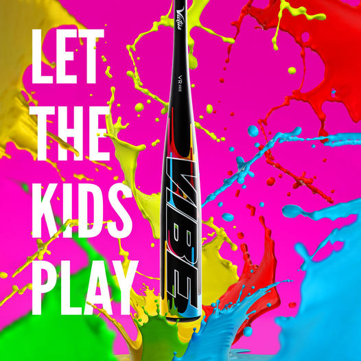A black 2024 Victus Vibe (-8) USSSA bat stands center stage on a colorful, paint-splattered background. "LET THE KIDS PLAY" appears to the left. This Victus bat includes a vibration-reducing knob for comfort.