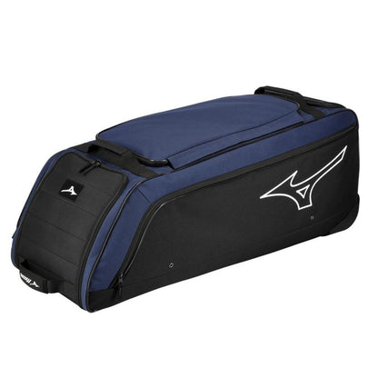 The Mizuno Samurai Wheeled Catcher's Bag 360327 is a large, rectangular catcher's gear bag in black and navy with white Mizuno logo, featuring sturdy top and end handles for easy transport.