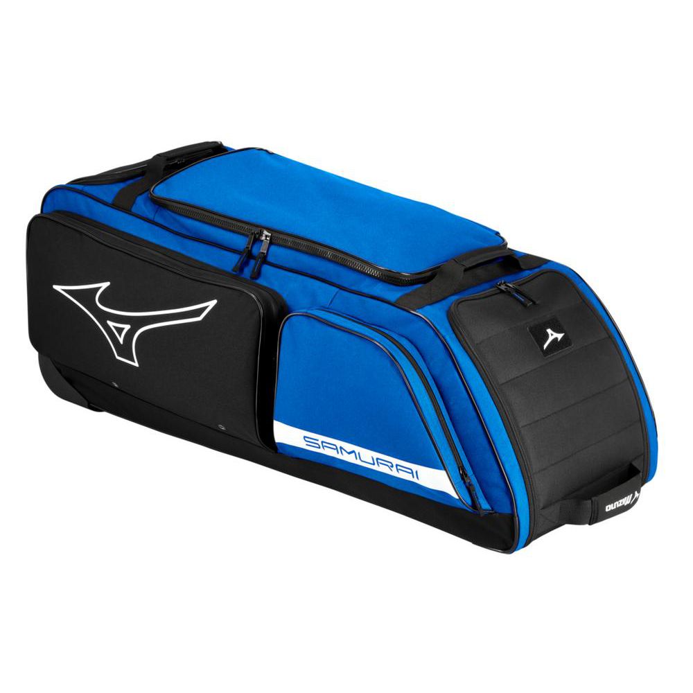 The Mizuno Samurai Wheeled Catcher's Bag: 360327 in Royal-Black features zippered compartments and a white Mizuno logo, ideal for serious players and Mizuno Pros needing reliable gear storage.