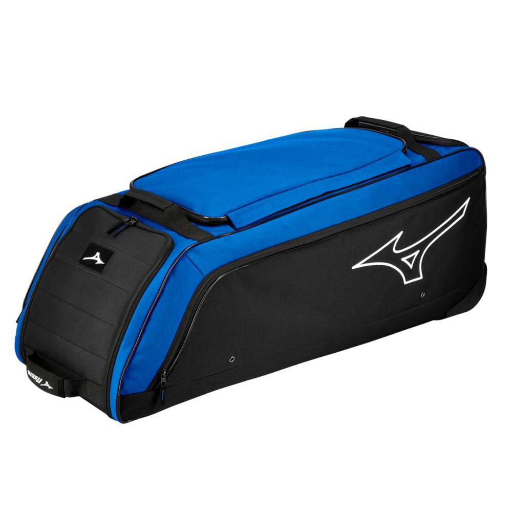 The Mizuno Samurai Wheeled Catcher's Bag (360327) is a large, rectangular gear bag with a blue top, black sides, white Mizuno logo, and two carrying handles.