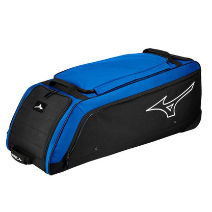The Mizuno Samurai Wheeled Catcher's Bag (360327) is a large, rectangular gear bag with a blue top, black sides, white Mizuno logo, and two carrying handles.